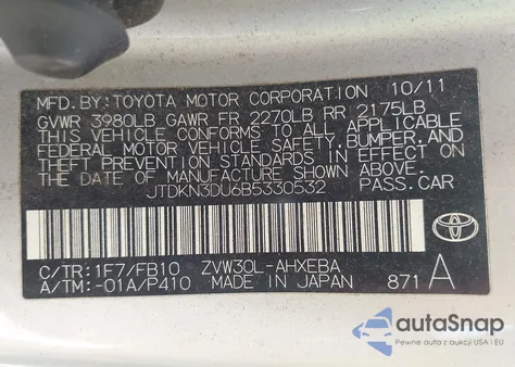 2011 Toyota Prius Two z USA, uszkodzony, nr VIN JTDKN3DU6B5330532